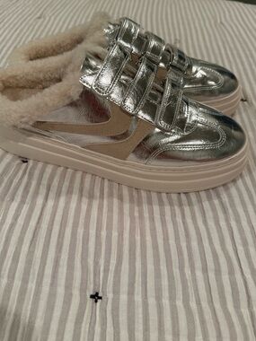 Steve Madden Metallic Silver Faux-Shearling Slip-On Sneakers